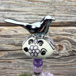 Silver Bird Garden Stake, Ceramic Seed Head Garden Art, Repurposed Drawer Knob Plant Stake, Cottage Garden Decor