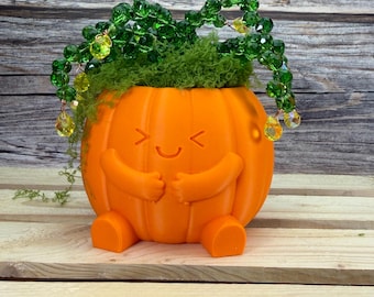 May include: A bright orange pumpkin-shaped planter with a smiling face, small arms, and feet. The planter is filled with green moss and decorated with a cascading string of faceted emerald green and yellow crystal beads draped over the top.
