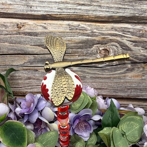 Brass Dragonfly Garden Stake, Dragonfly Garden Art, Repurposed Ceramic Drawer Knob Plant Stake, Cottage Garden Decor