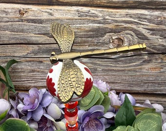 Brass Dragonfly Garden Stake, Dragonfly Garden Art, Repurposed Ceramic Drawer Knob Plant Stake, Cottage Garden Decor