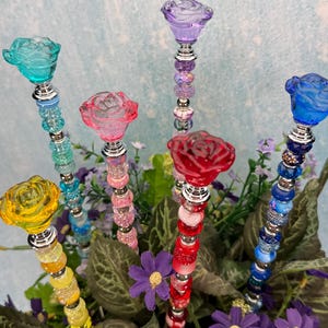 Fairy Garden Suncatcher Stakes – 15” Beaded Plant Decor with Glass Rose Topper