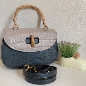 Bolso vintage de cuero genuino, bolso con asa de bambú, bolso de sillín, bolso con patrón de cocodrilo, bolso de diseñador de moda, bolso crossbody, el mejor regalo
