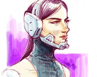 Beautiful, Female, Cyborg, Hand Drawn, Cyberpunk, SciFi art, Manga, Fantasy Wall Decor, Printable Art, Instant Download