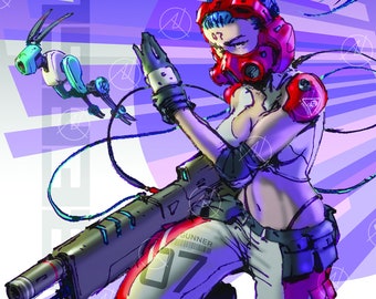 Sexy, Cyberpunk, Tactical Warrior, Soldier, Pet Robot, Hand drawn, Scifi, Manga, Art, Wall Decor, Pinup, Poster