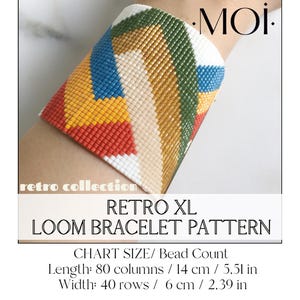 May include: A vibrant, beaded loom bracelet with a retro design. The bracelet displays a pattern of red, yellow, blue, green, and white beads. The text "RETRO XL LOOM BRACELET PATTERN" is visible. The bracelet is 14 cm long and 6 cm wide.