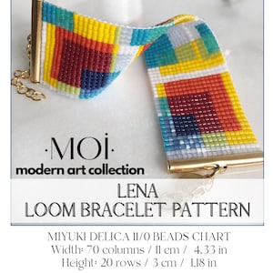 May include: A colorful beaded loom bracelet with a geometric pattern. The bracelet features a mix of yellow, red, blue, and white beads. The bracelet is 4.33 inches wide and 1.18 inches high. The text on the image says "LENA LOOM BRACELET PATTERN".