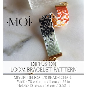May include: Two beaded loom bracelets with gold-colored clasps. One bracelet features a gradient of black, white, and green beads. The other has orange, white, and yellow beads. The image includes the text "DIFFUSION LOOM BRACELET PATTERN".