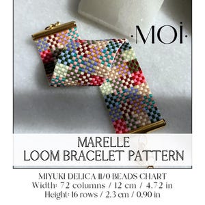 May include: A colourful woven bracelet made with Miyuki Delica 11/0 beads, with gold-coloured clasps. The text "MARELLE LOOM BRACELET PATTERN" is displayed. The bracelet is 12 cm wide and 2.3 cm high. The image also includes the text "MOI".