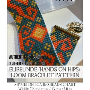 Peut inclure: Bracelet tissé de perles avec un motif géométrique en teal, orange et jaune. Le bracelet est intitulé "ELIBELINDE (HANDS ON HIPS) LOOM BRACELET PATTERN" et mesure 13 cm de large. Le texte "AUTHENTIC Collection" est également visible.