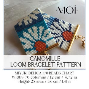 May include: A beaded loom bracelet pattern with a floral design in white, blue, and orange. The bracelet is 4.72 inches wide and features gold-colored metal accents. The text "CAMOMILLE LOOM BRACELET PATTERN" is visible.