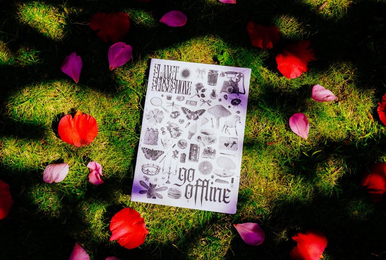 May include: A white paper magazine with black and white illustrations of various objects, including a butterfly, a flower, a crown, a phone, and a cup. The magazine cover has the text "Planet Pressure" and "go offline" in black.