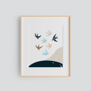 PRINTABLE Swallow Bird Wall Art, Nature Poster Print, Flying Swallows Wall Art, Flying Birds, Beige Art Print, Swallows Over a Field