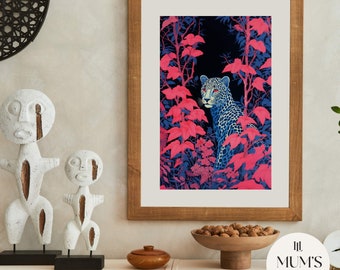 Leopard Jungle Wall Art Print, Modern Botanical Animal Illustration, Printable Tropical Decor, Home and Office Wall Art, Cheetah Digital Art