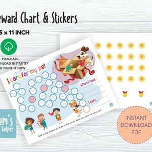 May include: A printable reward chart and sticker set for pets, measuring 8.5 x 11 inches. The chart features colorful illustrations of pets and children, with spaces for tracking care activities. Includes a PDF download.