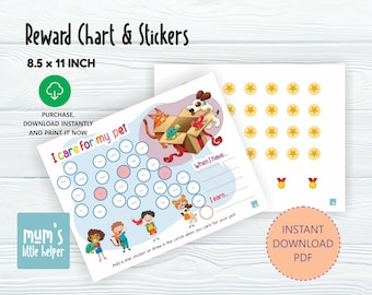 Printable Pet Care Reward Chart | Kids Behavior Chart | Instant Download Pet Care Chart | Toddler Chore Chart | Pet Care Stickers