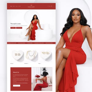 May include: A website landing page featuring a woman in a red dress. The website showcases jewelry, with heart-shaped displays of earrings, necklaces, and rings. The text "The wait is over..." is displayed on the page.