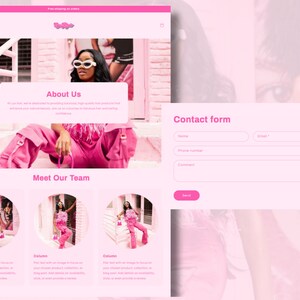May include: A website for a clothing brand called "Girl Boss" with a pink color scheme. The website features a photo of a woman wearing pink clothing, a section about the brand, a section about the team, and a contact form.