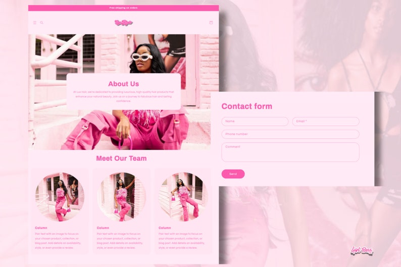 May include: A website for a clothing brand called "Girl Boss" with a pink color scheme. The website features a photo of a woman wearing pink clothing, a section about the brand, a section about the team, and a contact form.
