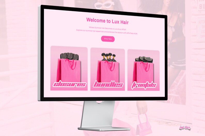 May include: A computer screen displaying a website for Lux Hair, featuring pink shopping bags with the words "closures", "bundles", and "frontals" in pink text.