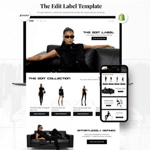 Puede incluir: Una plantilla de sitio web que se muestra en una computadora portátil y un teléfono inteligente, que muestra un diseño editorial de alta costura. El sitio web presenta un modelo con ropa negra, con el texto "The Edit Label" y "The Edit Collection". El diseño es para marcas impulsadas por el estilo.