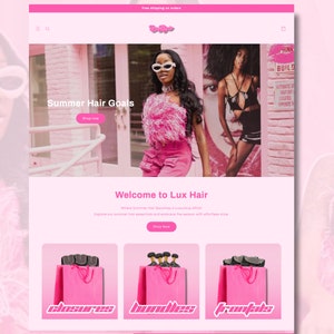 May include: Website homepage for Lux Hair, a hair extensions company. The website features a pink color scheme and a photo of two women with long, flowing hair. The text "Summer Hair Goals" is displayed at the top of the page, and the text "Welcome to Lux Hair" is displayed below the photo. The website also features a section with three shopping bags labeled "closures", "bundles", and "frontals".