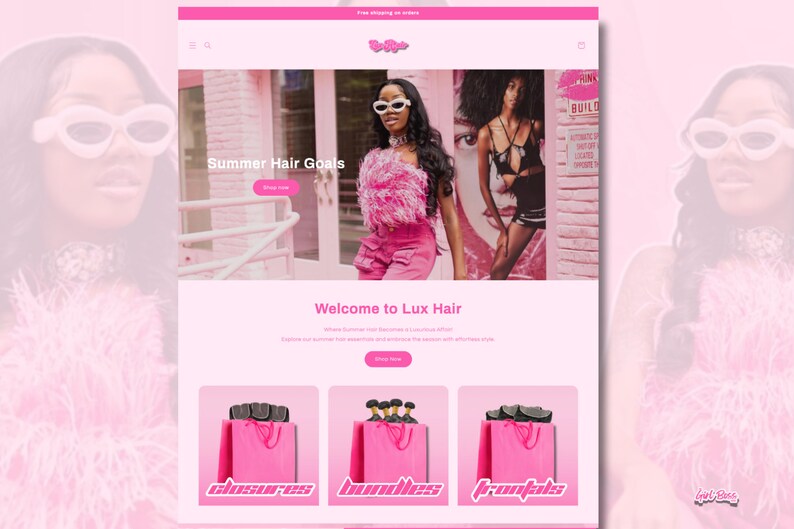 May include: Website homepage for Lux Hair, a hair extensions company. The website features a pink color scheme and a photo of two women with long, flowing hair. The text "Summer Hair Goals" is displayed at the top of the page, and the text "Welcome to Lux Hair" is displayed below the photo. The website also features a section with three shopping bags labeled "closures", "bundles", and "frontals".