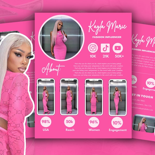 Pink Canva Influencer Social Media Kit, Branding Kit, Instagram and TikTok Influencers | Media Kit & Rate Card, Fashion Influencer.