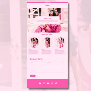 May include: Website homepage for a fashion brand called "Girl Boss". The website features a pink color scheme and images of women wearing stylish clothing. The website includes sections for "About Us", "Meet Our Team", and "Contact Form".