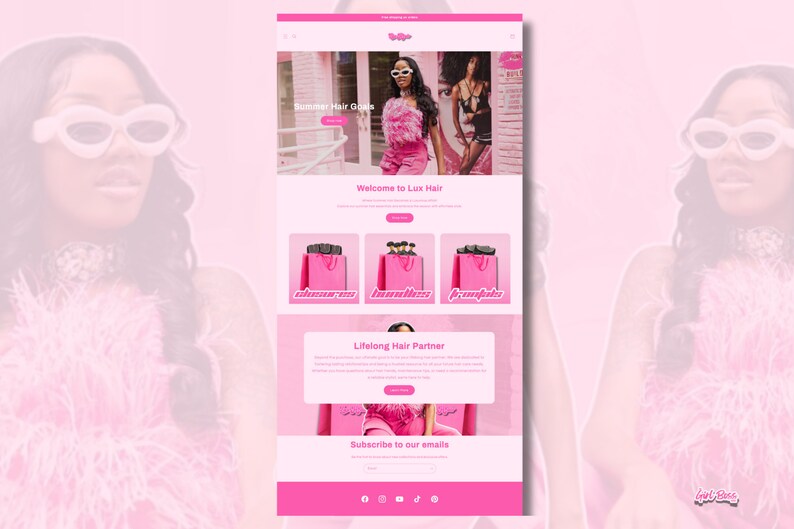 May include: A website homepage for a hair extensions company called Lux Hair. The website features a pink and white color scheme with images of women wearing long, flowing hair. The text on the website includes the words "Summer Hair Goals", "Welcome to Lux Hair", "Lifelong Hair Partner", and "Subscribe to our emails".