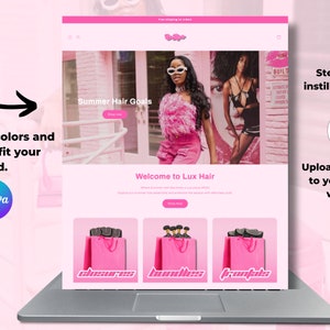May include: A laptop computer displaying a website for a hair extension company called Lux Hair. The website features a pink and white color scheme with a model wearing a pink outfit and sunglasses. The website also includes a call to action to shop now and a section showcasing different types of hair extensions.