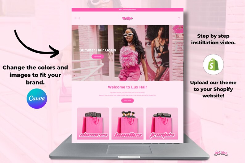 May include: A laptop computer displaying a website for a hair extension company called Lux Hair. The website features a pink and white color scheme with a model wearing a pink outfit and sunglasses. The website also includes a call to action to shop now and a section showcasing different types of hair extensions.
