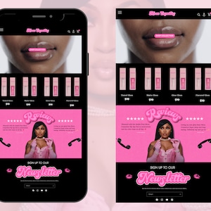 May include: A website screenshot displaying a pink and black colour scheme with a model wearing lip gloss. The website features a product line of lip glosses with different shades and flavours. The website also includes a section for customer reviews and a sign-up form for a newsletter.