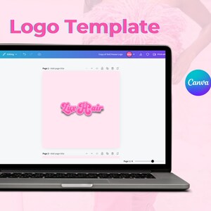 May include: A laptop screen displaying a pink logo template for a business called "Lux Hair" in Canva. The logo is in a retro, bubble-letter style. The screen also shows the Canva and Shopify logos.