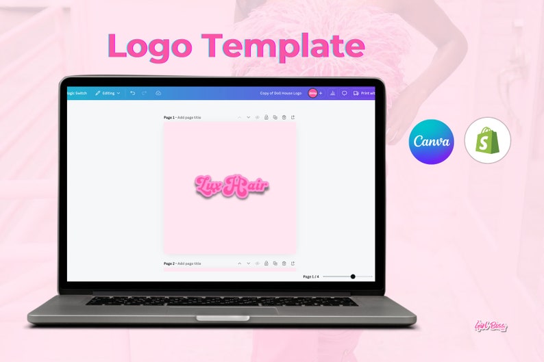 May include: A laptop screen displaying a pink logo template for a business called "Lux Hair" in Canva. The logo is in a retro, bubble-letter style. The screen also shows the Canva and Shopify logos.