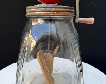 Butter Churn Glass 8qt SCC w/metal Paddle Pouring Spout Antique Works READ