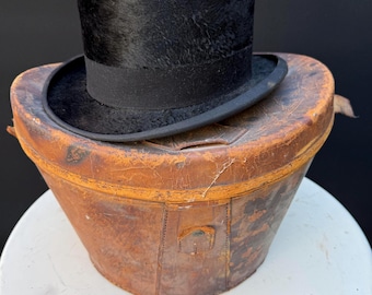 Antique Top HAT Black Silk Beaver by Tress & CO London + Leather Hat Case READ