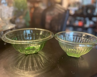Vintage Set of 2 Nesting Green Depression Glass Mixing Bowls