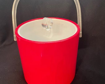 Vintage Mid-Century BRIGHT RED Ice Bucket Barware USA Retro Mod Lucite Top