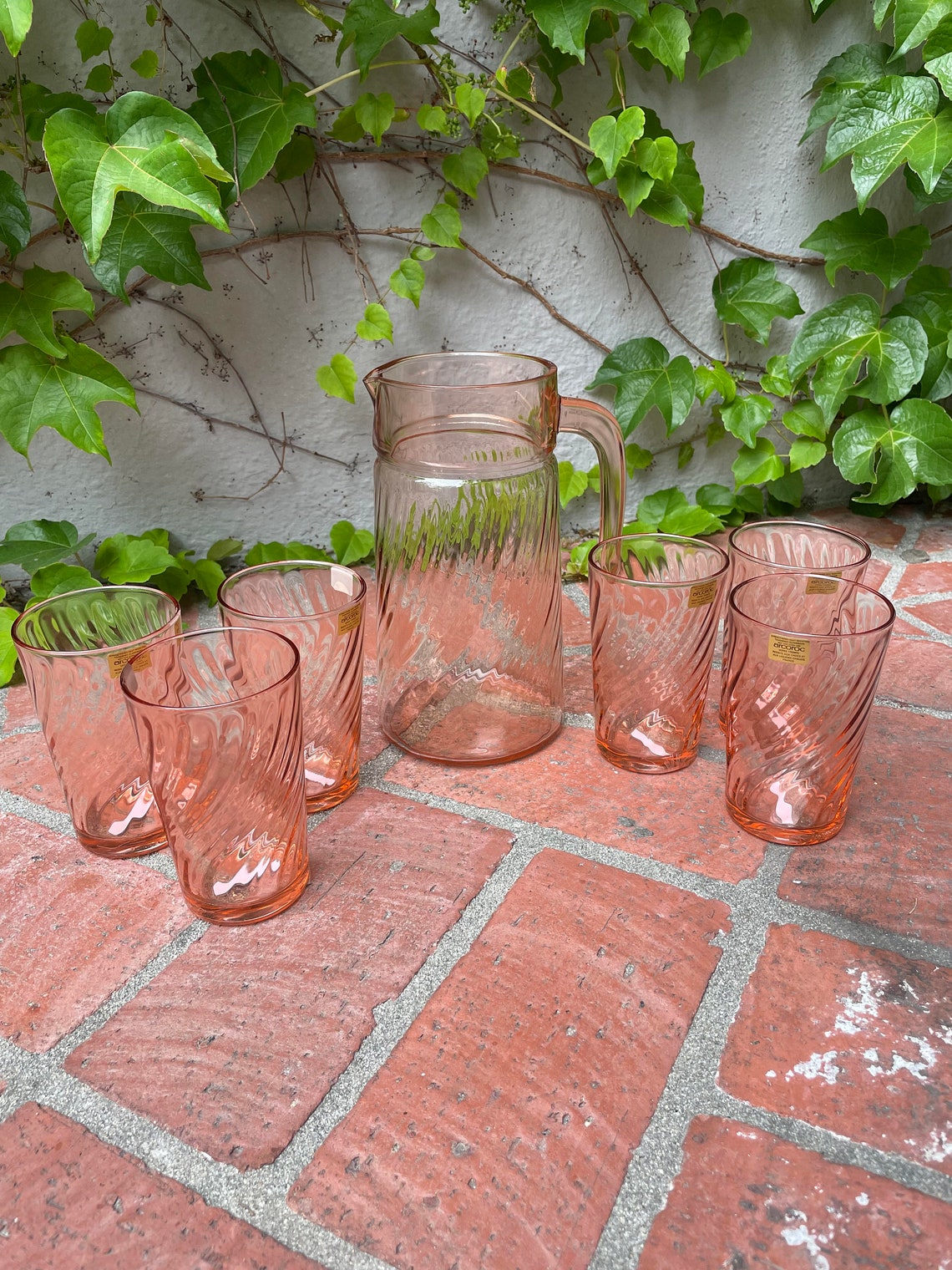 Vintage 7 Piece Rosealine Set Of Pitcher And 6 Glasses From France Vintage 7 Piece Rosealine Set Of Pitcher And 6 Glasses From France
