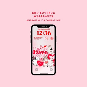 May include: A pink and red phone wallpaper featuring a ghost, hearts, and the word "Love" in red. The phone screen displays the date and time, "Monday, January 20, 12:36".
