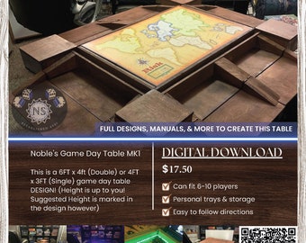 May include: A wooden game table with a map of the world on top. The table is designed to be used for playing board games. The text "Noble's Game Day Table MK1" is written on the image. The text "Digital Download £17.50" is also written on the image. The image includes a QR code.