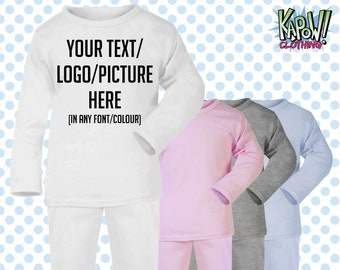 Pigiama per bambini personalizzato personalizzato PJs Sleep NightWear Gift - 0-3m/3-6m/6-12m-1-2 anni - Scegli il tuo testo/logo/foto - 4 colori - 100% cotone