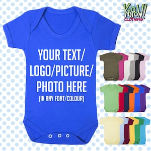 Custom Personalised BABY GROW Body Suit Sleep Vest Romper Gift Newborn to 2-3yrs Choose your own text/logo/photo 18 colours 100% Cotton Royal Blue