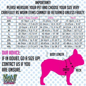 May include: A size chart for dog clothing with measurements in inches and centimeters. The chart shows the size, back length, chest, and neck measurements for different sizes of dog clothing. The chart also includes a picture of a dog with the measurements highlighted.
