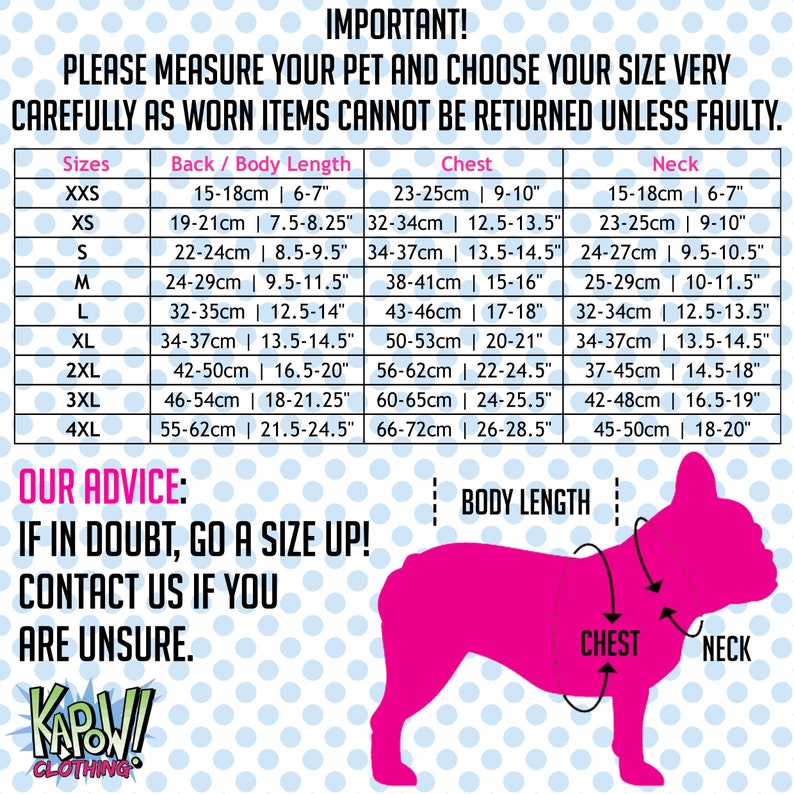 May include: A size chart for dog clothing with measurements in inches and centimeters. The chart shows the size, back length, chest, and neck measurements for different sizes of dog clothing. The chart also includes a picture of a dog with the measurements highlighted.