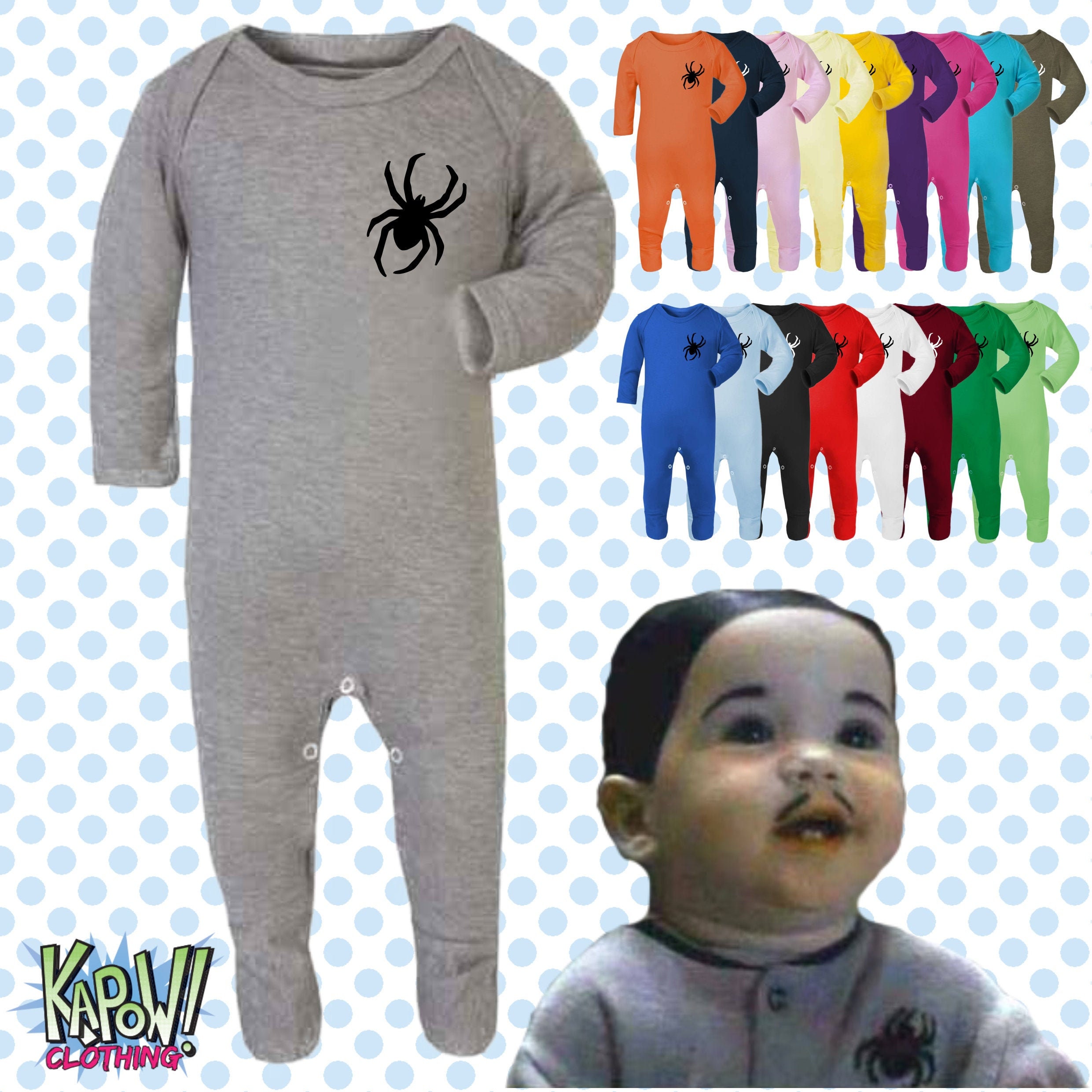 Addams Family Pubert Baby Grow ROMPER Sleep Suit Gift Newborn/0-3m/3-6m/6-12m  Spooky Scary Halloween Costume Spider 18 Colours Wednesday 