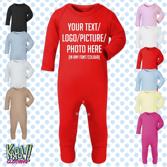 Custom Personalised Baby Grow ROMPER Sleep Suit All-in-One Gift- Newborn/0-3m/3-6m/6-12m- Choose your own text/logo/photo- 10 colours-Cotton