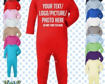 Custom Personalised Baby Grow ROMPER Sleep Suit All-in-One Gift- Newborn/0-3m/3-6m/6-12m- Choose your own text/logo/photo- 15 colours-Cotton