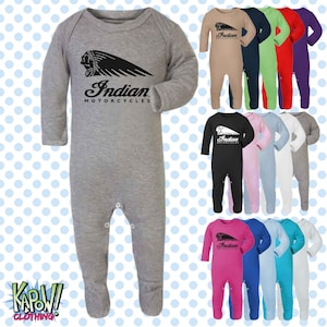 INDIAN Motorcycle Biker Motorbike Classic Superbikes MotoGP Baby Grow ROMPER Sleep Suit Gift-Newborn/0-3m/3-6m/6-12m-15 colours-100% Cotton