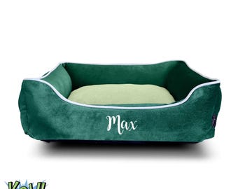 Cama para perros de terciopelo LUXE personalizada/lisa / VERDE ESMERALDA / S, M, L / Lavable a máquina / Añadir nombre/texto / Ropa de cama para mascotas / Perros pequeños y medianos